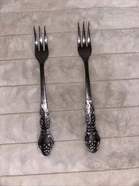 Vintage National Stainless Japan Rose Cocktail Forks Set of 2 Pastry Three Tine